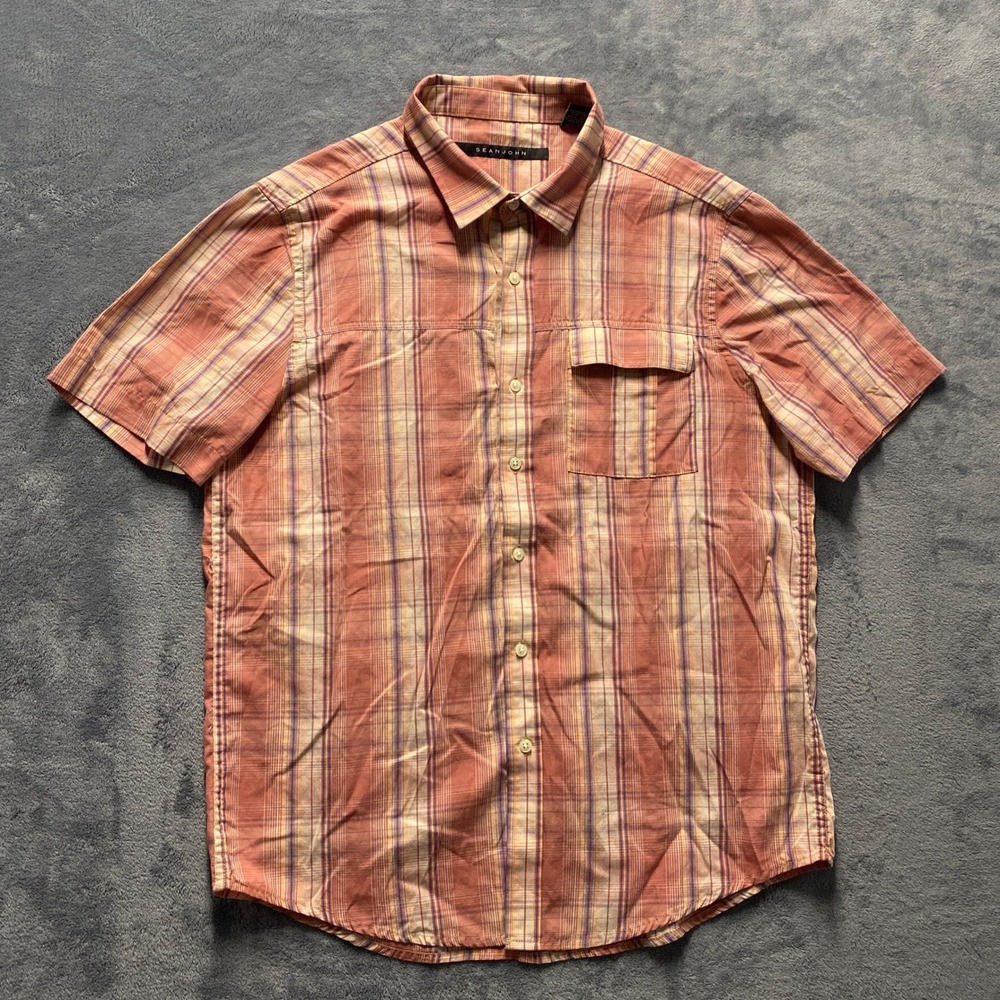 Sean John Mens Large Short Sleeve Button Down Plaid Shirt Coral Orange Purple